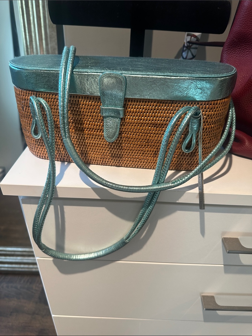 Elliott Lucca Woven Straw Shoulder Bag with Metallic Turquoise Trim